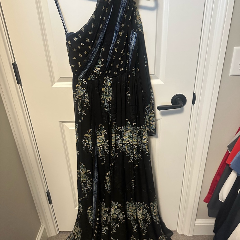 Ulla Johnson Black One-Shoulder Floral Maxi Dress with Green and Cream Accents